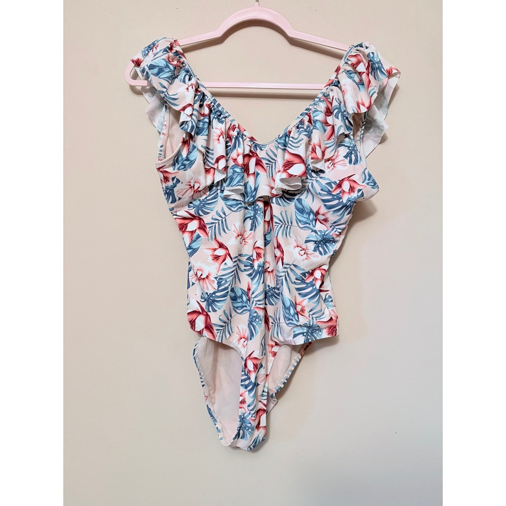 Cabana del Sol Womens Tropical Floral Ruffle One Piece Swimsuit Large Pink Blue
